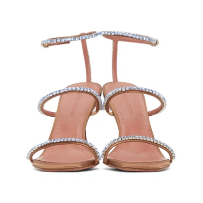 Shop Amina Muaddi Brown Satin Gilda Crystal Heeled Sandals In Nude/ltblu