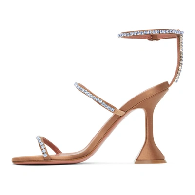 Shop Amina Muaddi Brown Satin Gilda Crystal Heeled Sandals In Nude/ltblu