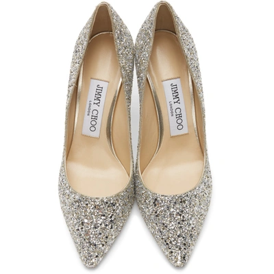 Shop Jimmy Choo Silver Coarse Glitter Romy 85 Heels In Champagne