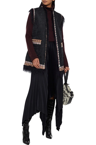 Shop Etro Faux Fur-trimmed Embroidered Jacquard Vest In Black