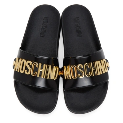 Shop Moschino Black Metallic Logo Pool Slides In 000 Black