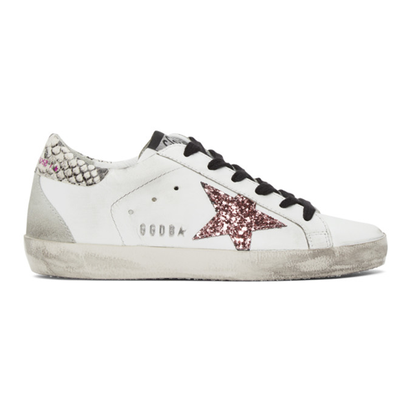 white glitter star snakeskin superstar sneakers