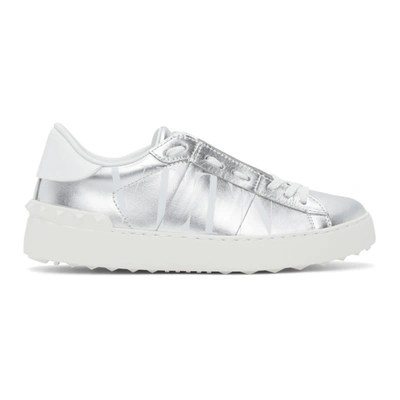 Shop Valentino Grey  Garavani Metallic 'vltn' Open Sneakers In Ab5 Argento