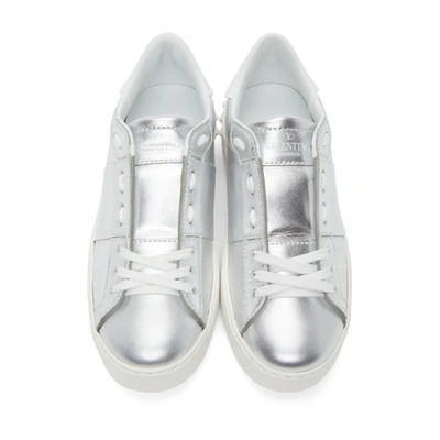 Shop Valentino Grey  Garavani Metallic 'vltn' Open Sneakers In Ab5 Argento