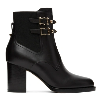 Shop Valentino Black  Garavani Beatle Rockstud Heeled Ankle Boots In 0no Black