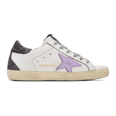 Shop Golden Goose White & Purple Glitter Heel Superstar Sneakers