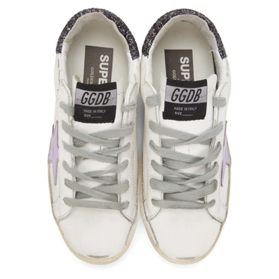 Shop Golden Goose White & Purple Glitter Heel Superstar Sneakers