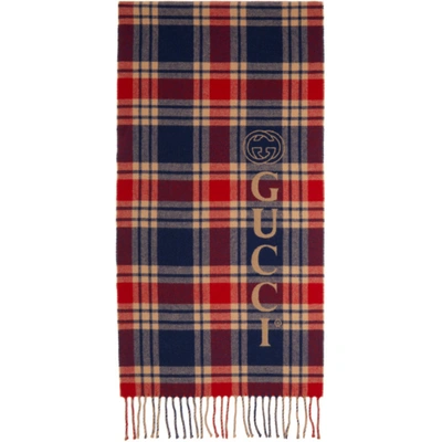 Shop Gucci Navy & Beige Wool Check Logo Scarf In 4279 Sapbg