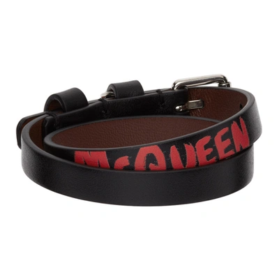 Shop Alexander Mcqueen Black & Red Graffiti Double Wrap Skull Bracelet In 1083 Black/lust Red