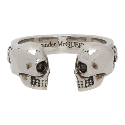 Shop Alexander Mcqueen Silver Twin Skulls & Serpent Ring In 0446 Mcq0911sil.v.b