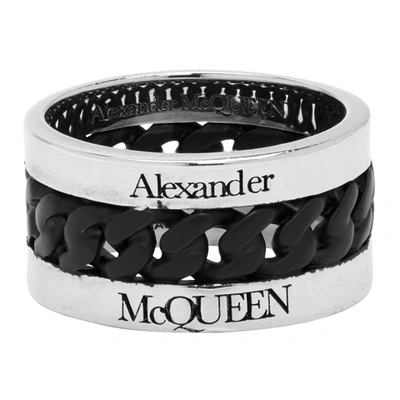 Shop Alexander Mcqueen Silver And Black Chain Ring In 1121 Black