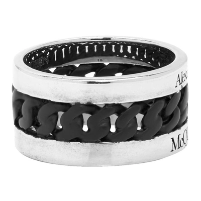 Shop Alexander Mcqueen Silver And Black Chain Ring In 1121 Black