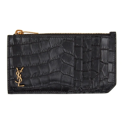 Shop Saint Laurent Black & Gold Croc Fragment Card Holder In 1000 Nero