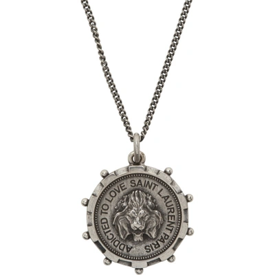 Shop Saint Laurent Silver Lion Medallion Pendant Necklace In 8142 Silver