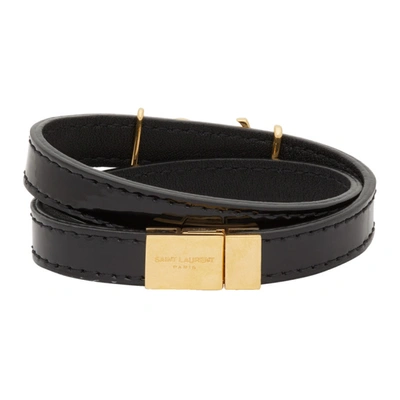 Shop Saint Laurent Black Double Wrap Logo Bracelet In 1000 Black