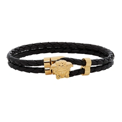 Shop Versace Black And Gold Leather Medusa Bracelet In : D41o Blkg