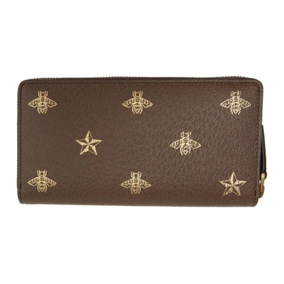 Shop Gucci Brown Bee Star Zip Around Wallet In 2579 Brown