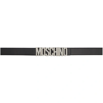 Shop Moschino Black & Silver Leather Logo Belt In A6555 Black