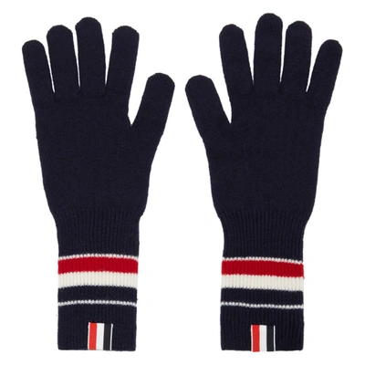 Shop Thom Browne Navy Merino Rwb Stripe Gloves In 415 - Navy