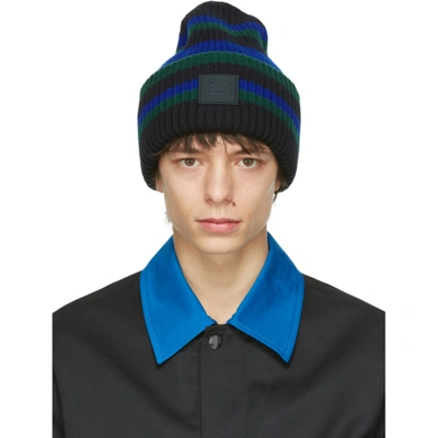 Shop Acne Studios Black Wool Striped Patch Beanie In Black/blue