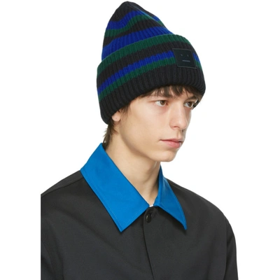 Shop Acne Studios Black Wool Striped Patch Beanie In Black/blue