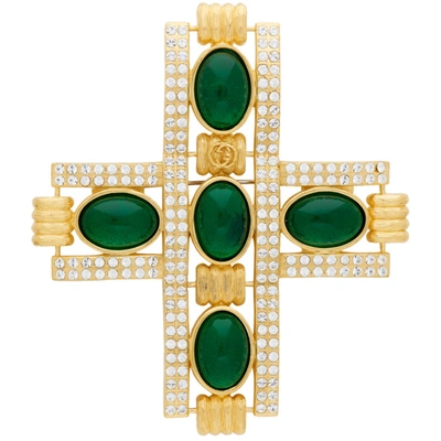 Shop Gucci Gold & Green Cabochon Stone Cross Brooch In 8525 Gold