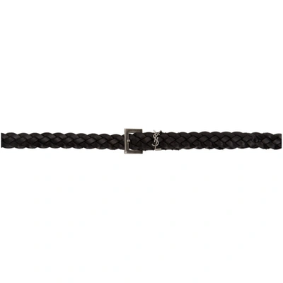 Shop Saint Laurent Black Braided Thin Logo Belt In 1000 Black