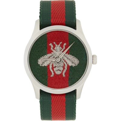 Shop Gucci Silver G-timeless Web Bee Watch