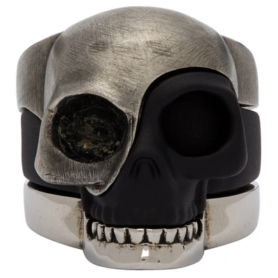 Shop Alexander Mcqueen Silver & Black Divided Skull Ring In 1027 0446 Sat+ver.bl