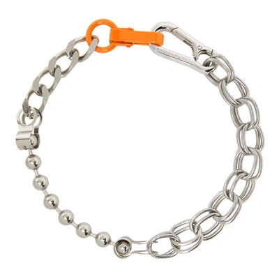 Shop Heron Preston Silver & Orange Multichain Necklace In Silver Orange