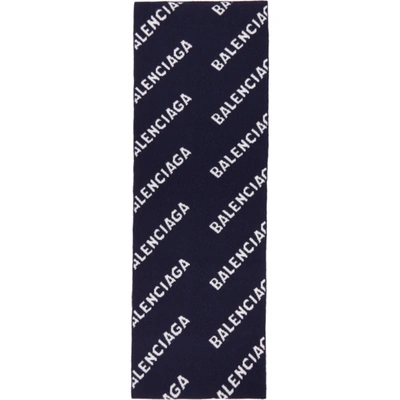 Shop Balenciaga Navy & White Logo Scarf In 4177 Navy/w