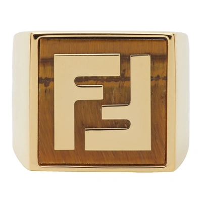 Shop Fendi Gold & Orange 'forever ' Signet Ring In F1aeq O.s+o