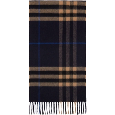 Shop Burberry Navy Cashmere Classic Check Scarf In Indigo/mid Camel