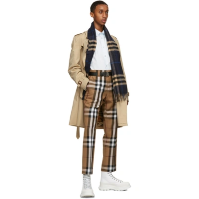 Shop Burberry Navy Cashmere Classic Check Scarf In Indigo/mid Camel