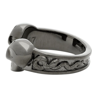 Shop Alexander Mcqueen Gunmetal Twin Skull Ring In 0995 Gunmet