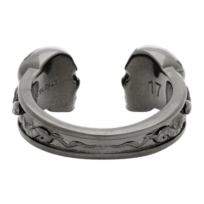 Shop Alexander Mcqueen Gunmetal Twin Skull Ring In 0995 Gunmet