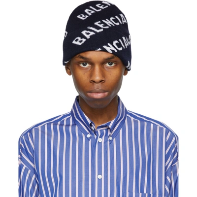 Shop Balenciaga Navy & White Logo Beanie In 4177 Navy/w