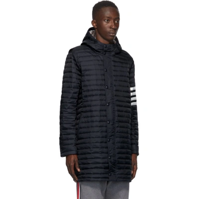 Shop Thom Browne Navy Down 4-bar Quilted Hooded Coat In 415 Navy