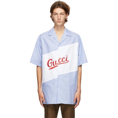 TVsæt Legitim presse Gucci Logo Embroidered Short Sleeve Button-up Bowling Shirt In Blue White |  ModeSens