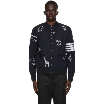 Shop Thom Browne Navy Pique 4-bar Icon Cardigan In 415 Navy