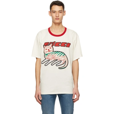 Shop Gucci Off-white Cat Print Oversize T-shirt In 9125 Sunlig