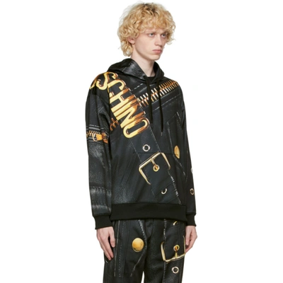 Shop Moschino Black & Gold Leather Print Hoodie In A1555 Black