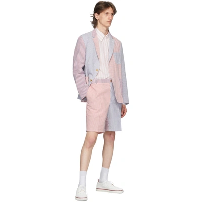 Shop Thom Browne Red And Navy Seersucker Striped Unconstructed Shorts In 960 Rwbwht