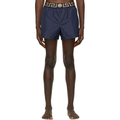 Shop Versace Navy Greca Border Swim Shorts In A70w Blue