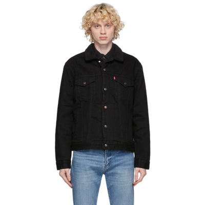 Shop Levi's Black Denim Sherpa Trucker Jacket In Berk