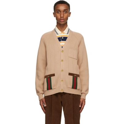 Shop Gucci Tan Wool Web Cardigan In 2184 Camel