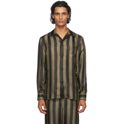 Shop Fendi Black & Gold Silk Striped Logo Pyjama Shirt In F0qe1 Tobac