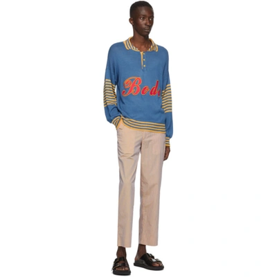 Shop Bode Blue And Yellow Namesake Three-button Sweater In Light Blue
