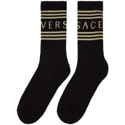 Shop Versace Black & Off-white 1990s Logo Socks In I450 Blk/gl