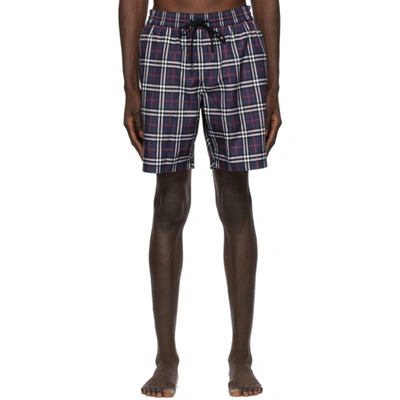 Shop Burberry Navy Check Swim Shorts In Carbon Blue